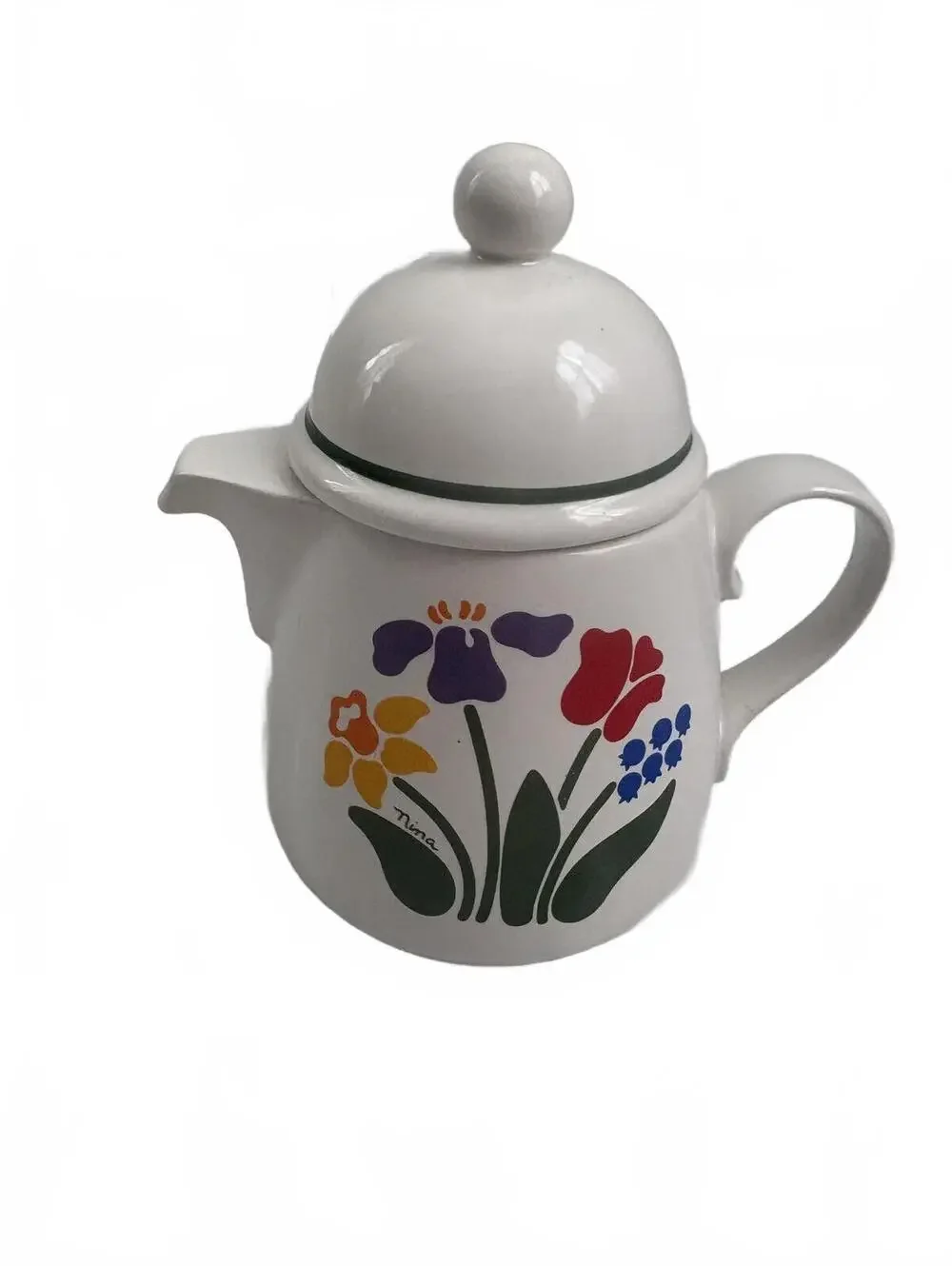 Nina |‎ Vintage Bright Flower Ceramic Teapot w Lid White Red Purple Orange